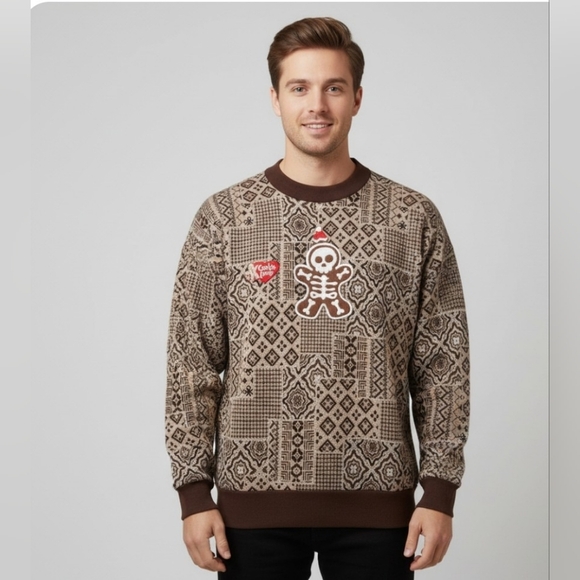 Vintage Unisex Christmas Skeleton Cookie Lover Brown, Tan, White Sweater Size L - Picture 10 of 11